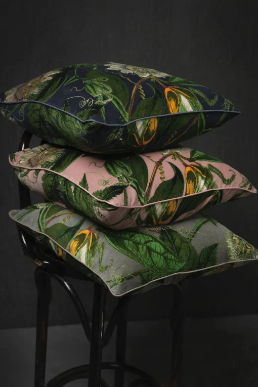 Kew Passion Flower Grey Velvet Square Cushion