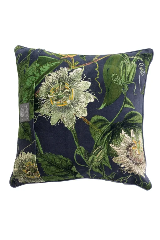 Kew Passion Flower Grey Velvet Square Cushion