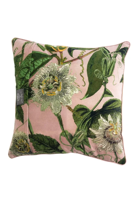 Kew Passion Flower Pink Velvet Square Cushion