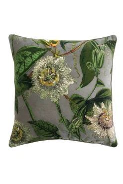 Kew Passion Flower Stone Velvet Square Cushion