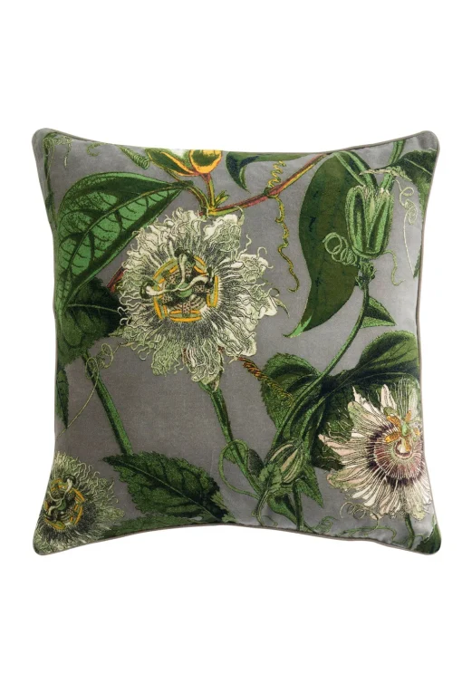 Kew Passion Flower Stone Velvet Square Cushion