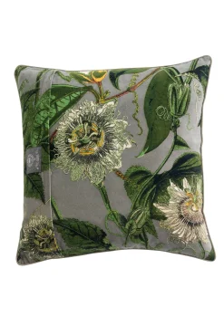 Kew Passion Flower Stone Velvet Square Cushion