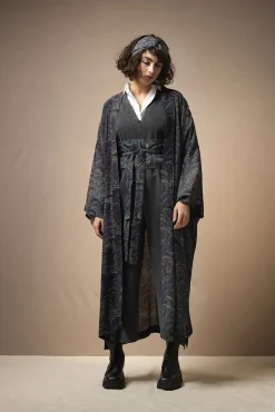 Marbled Indigo Crepe Long Kimono