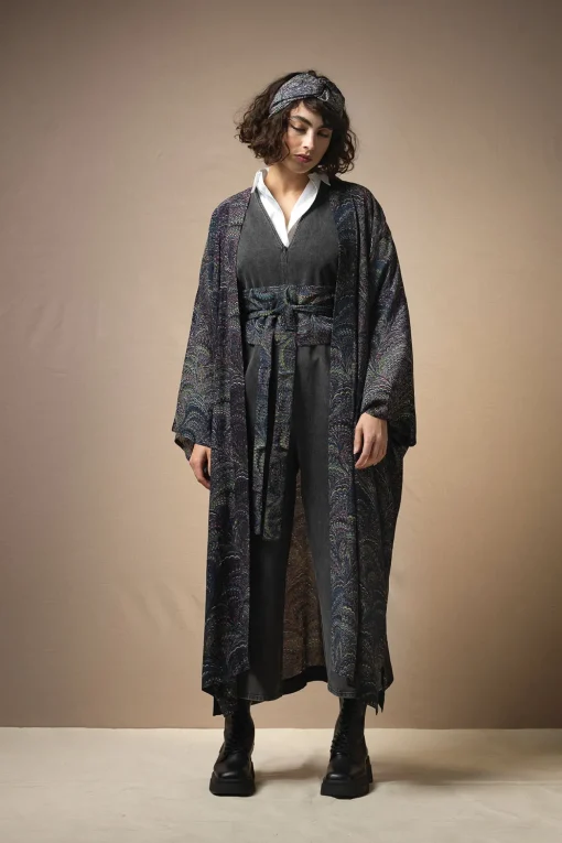 Marbled Indigo Crepe Long Kimono