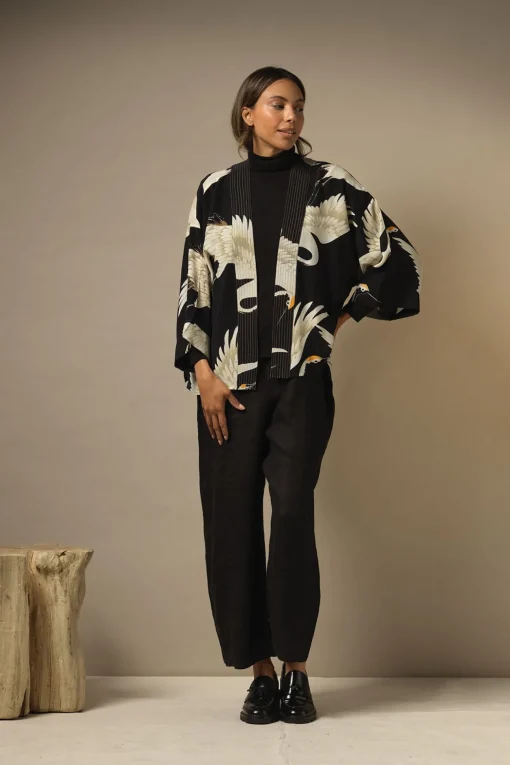 Stork Black Crepe Kimono