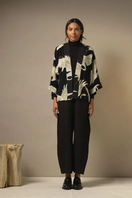 Stork Black Crepe Kimono