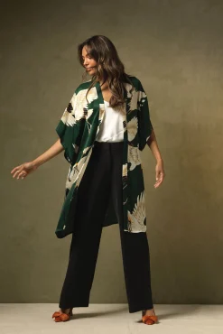 Stork Forest Green Midi Kimono