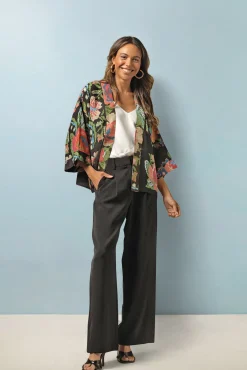 Woven Flower Black Crepe Kimono