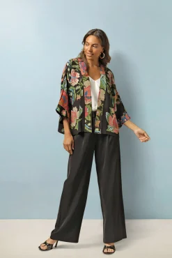 Woven Flower Black Crepe Kimono