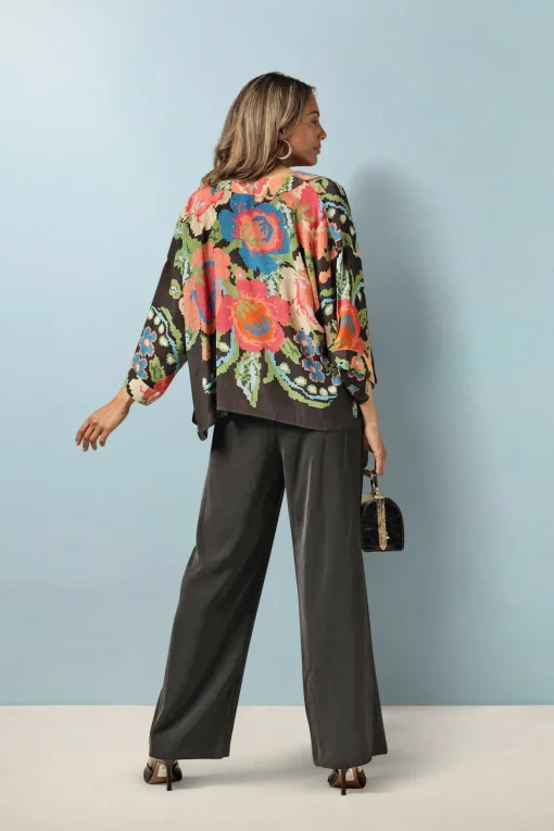 Woven Flower Black Crepe Kimono