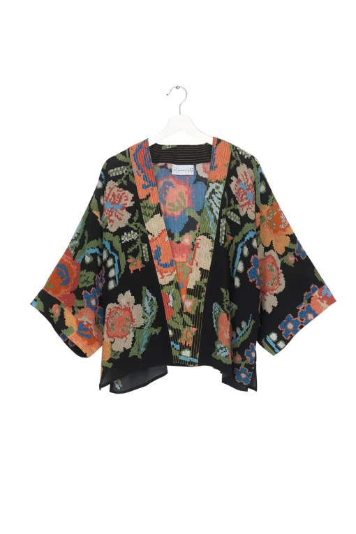 Woven Flower Black Crepe Kimono