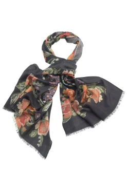 Woven Flower Black Wool Scarf
