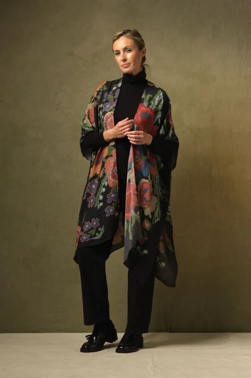 Woven Flower Black Wool Throwover